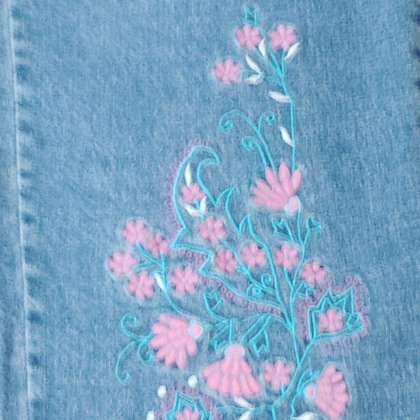 Mom Jeans: Blue Denim with Pink & White Floral Embroidery - Straight Leg 32x29