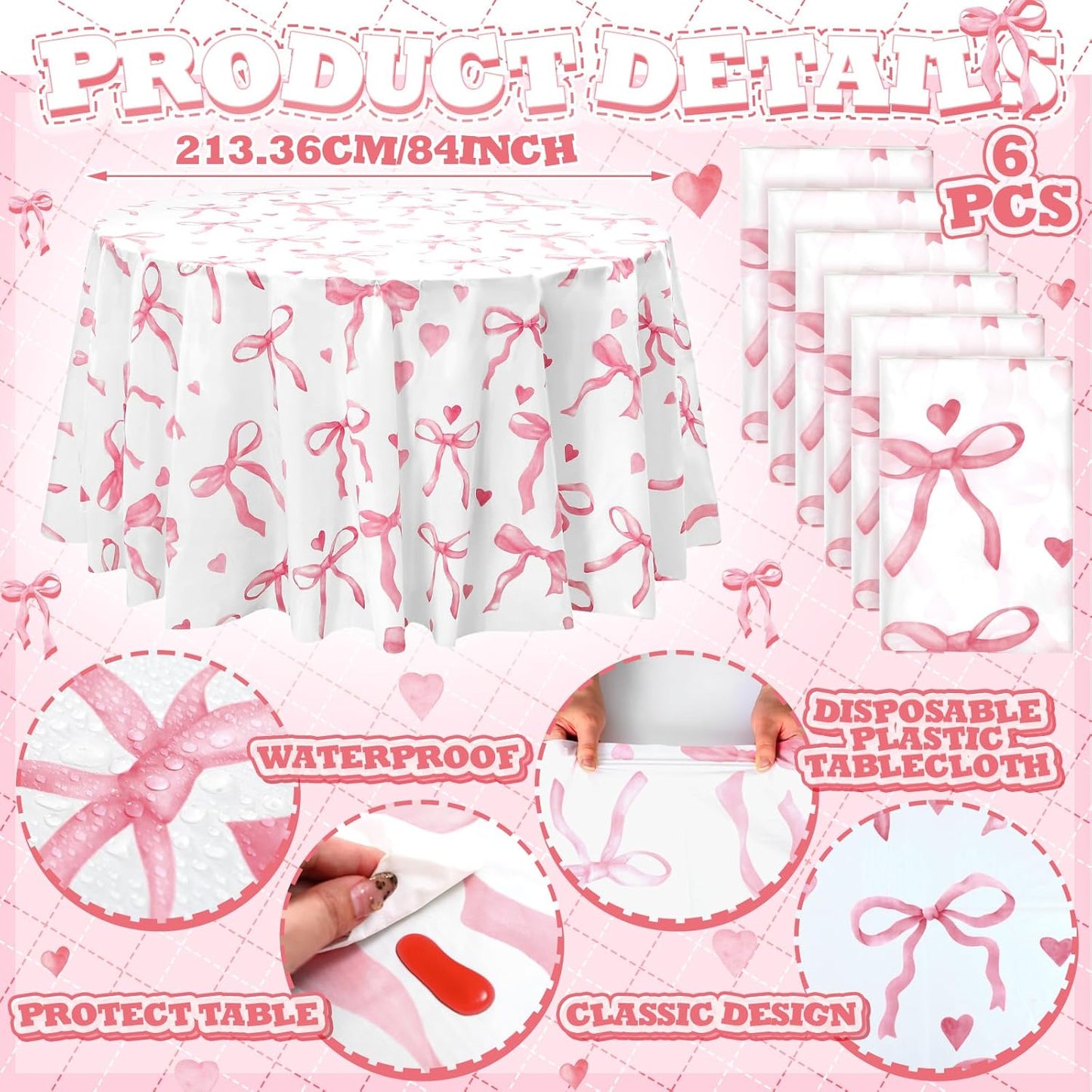 7 Pcs Pink Bow Round Tablecloths 84" Plastic Coquette Party Table Covers