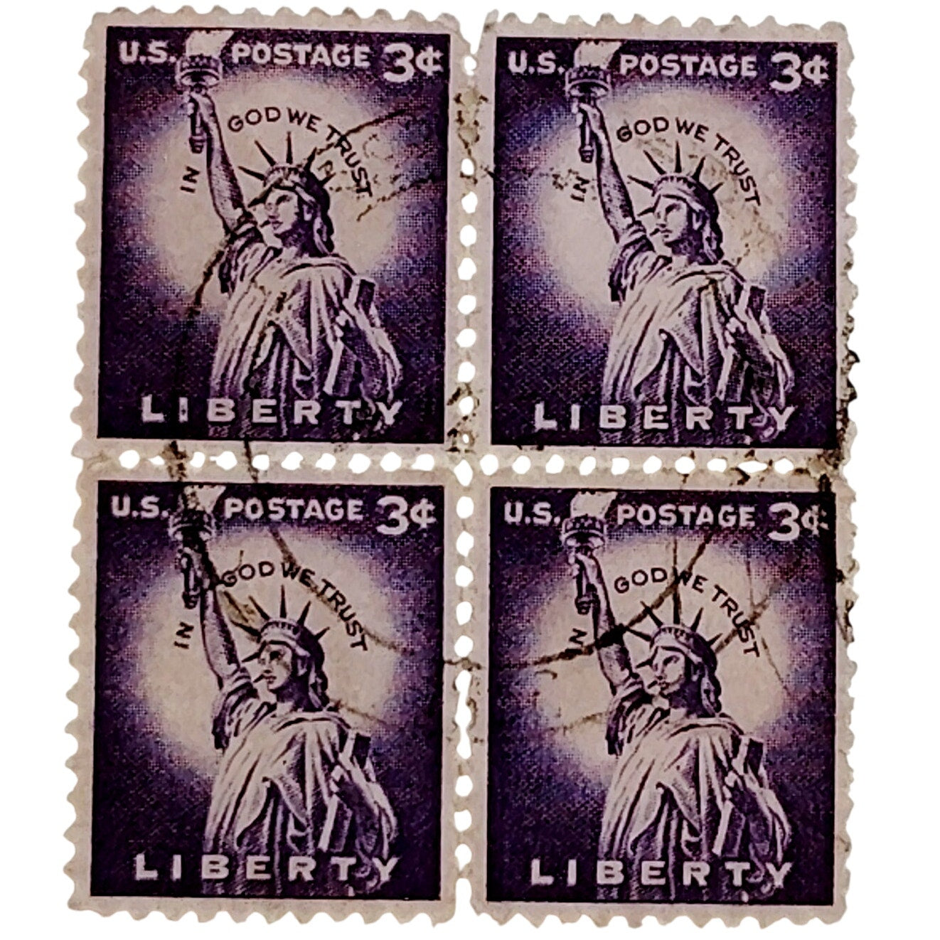 Block of 4 – 1954 USA 3¢ Statue of Liberty Scott 1035 – Liberty Series, Canceled