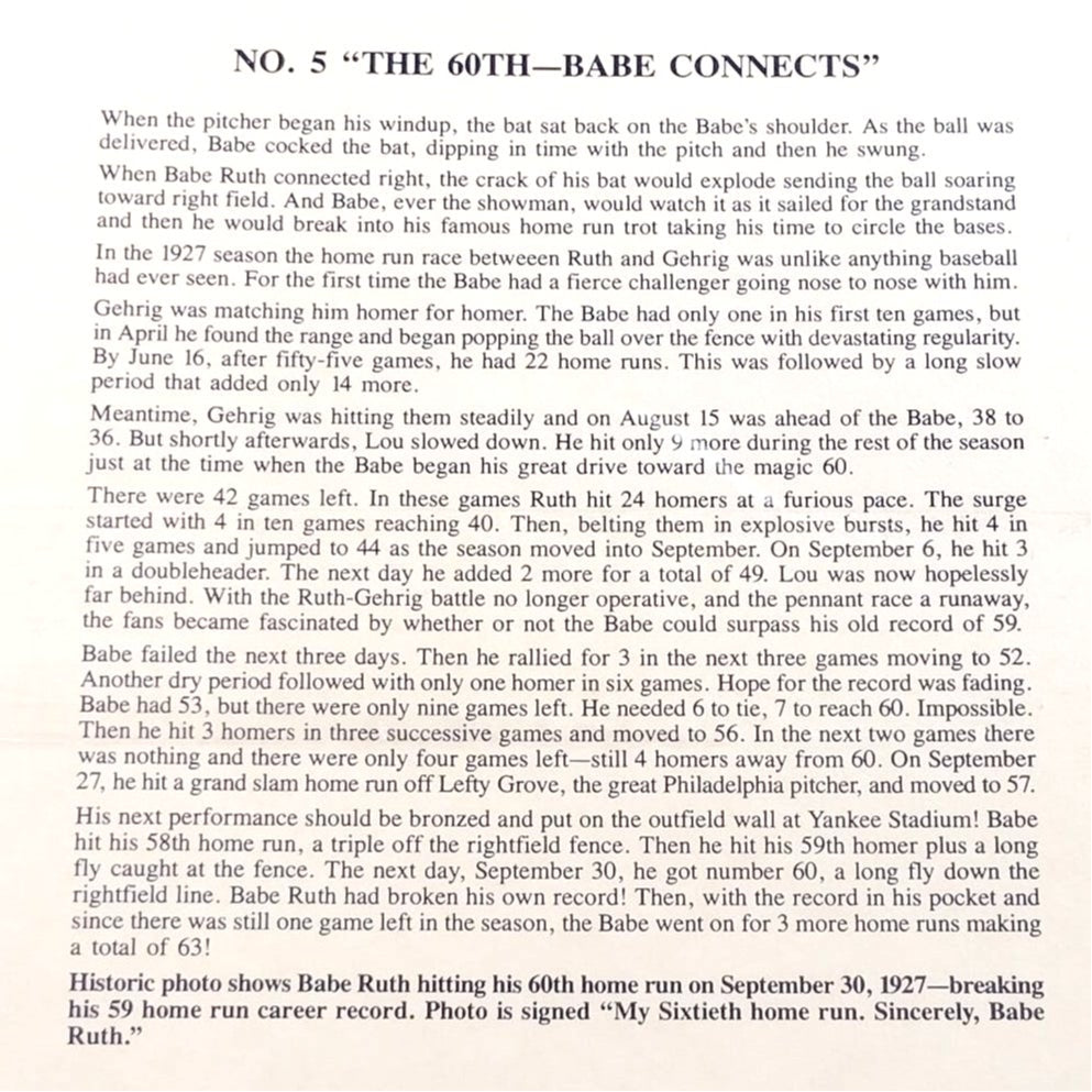 VTG 1993 Babe Ruth 60th Home Run Print, No. 5 The 60th Babe Connects 11x14 MLB