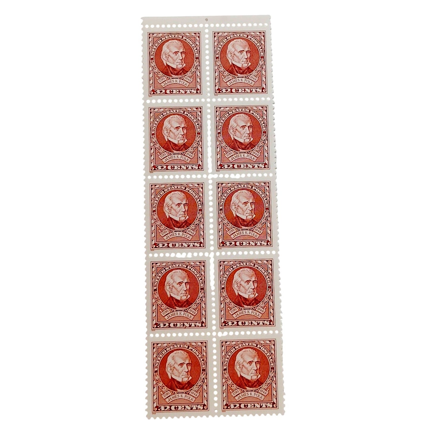 Block of 10 – 1995 USA 32¢ James K. Polk MNH Scott 3004 – Vertical Block