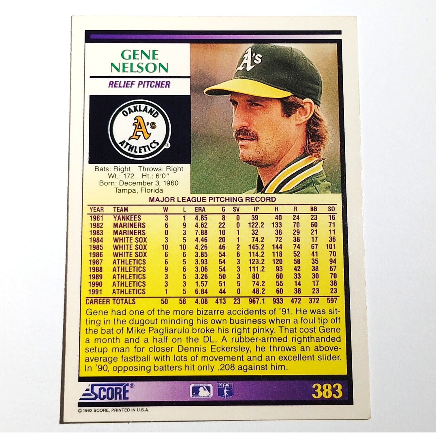 1992 Score Gene Nelson #383 Oakland Athletics Relief Pitcher MLB Baseball NM