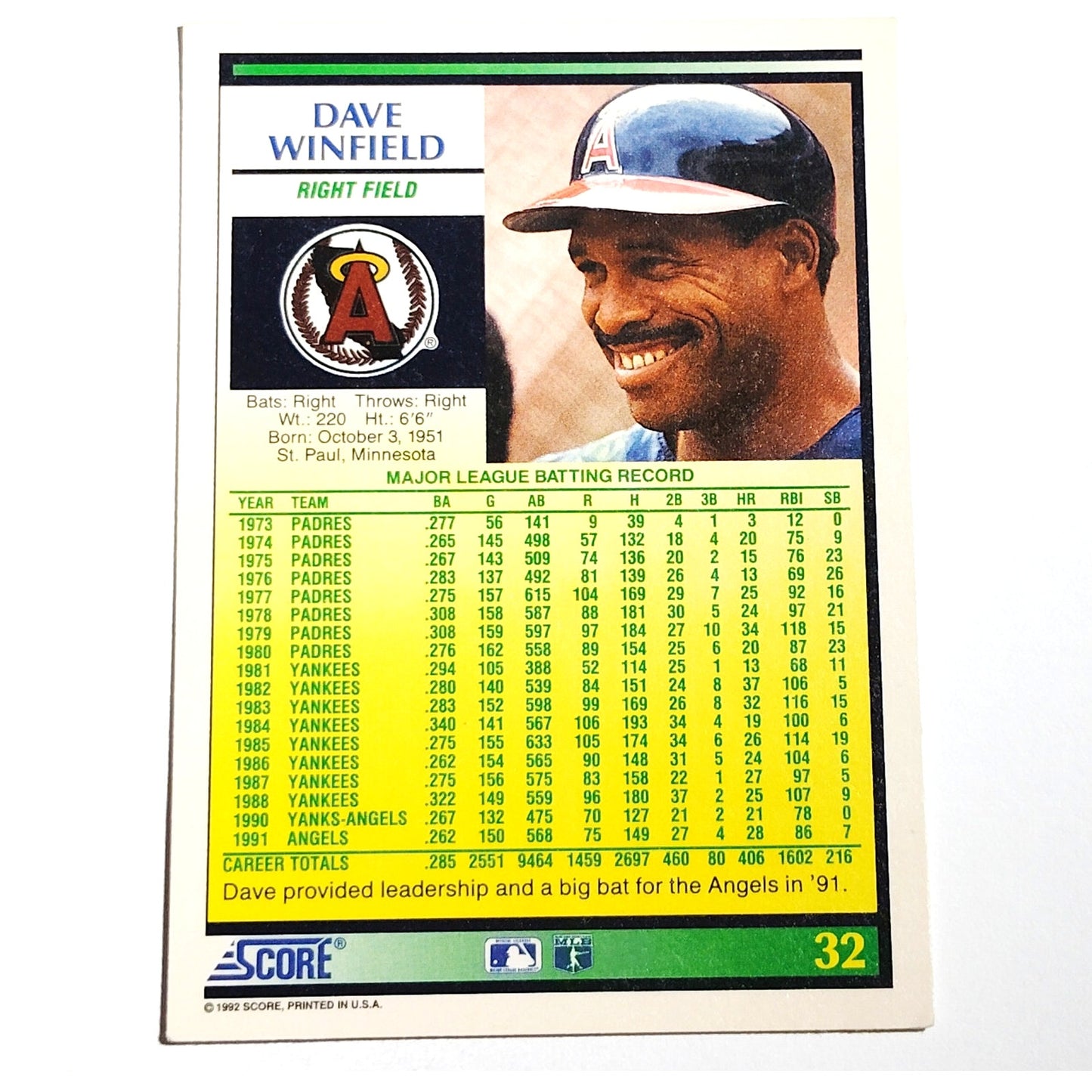 1992 Score Dave Winfield #32 Los Angeles Angels Right Fielder MLB Baseball EX