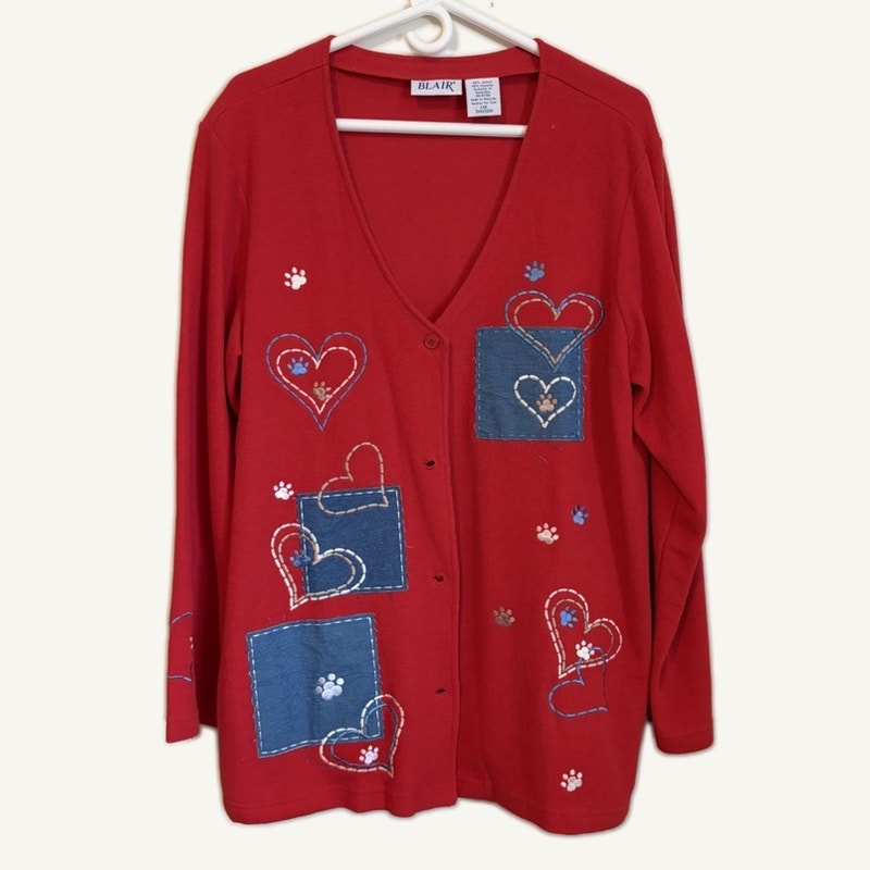 Orvis 100% Silk Blue Top & Blair Red Embroidered Cardigan 2-Piece Set L