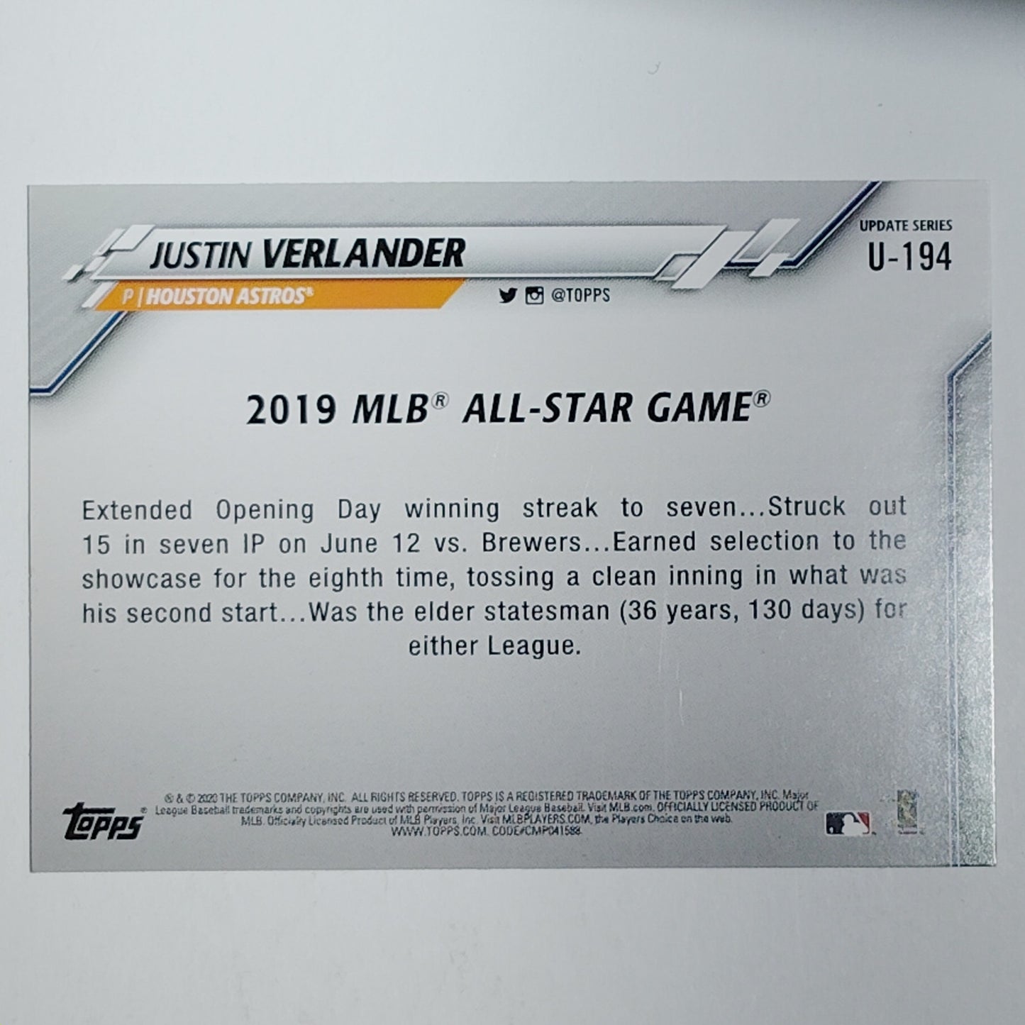 2020 Topps Update #U-194 Justin Verlander All-Star Game Astros Pitcher VG/EX