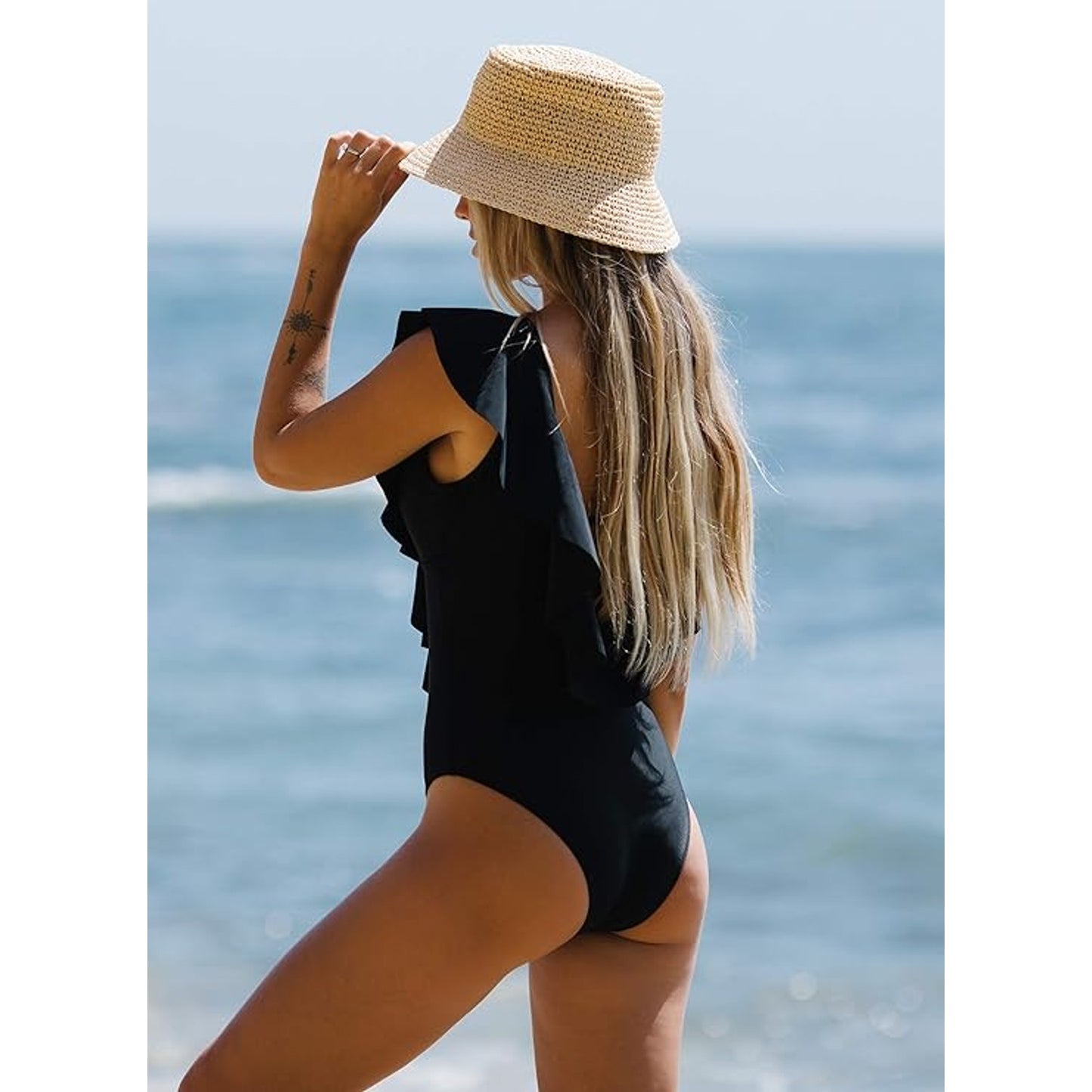 SPORLIKE One Piece V-Neck Ruffle Bathing Suit Padded Monokini, Blk, S (4-6)
