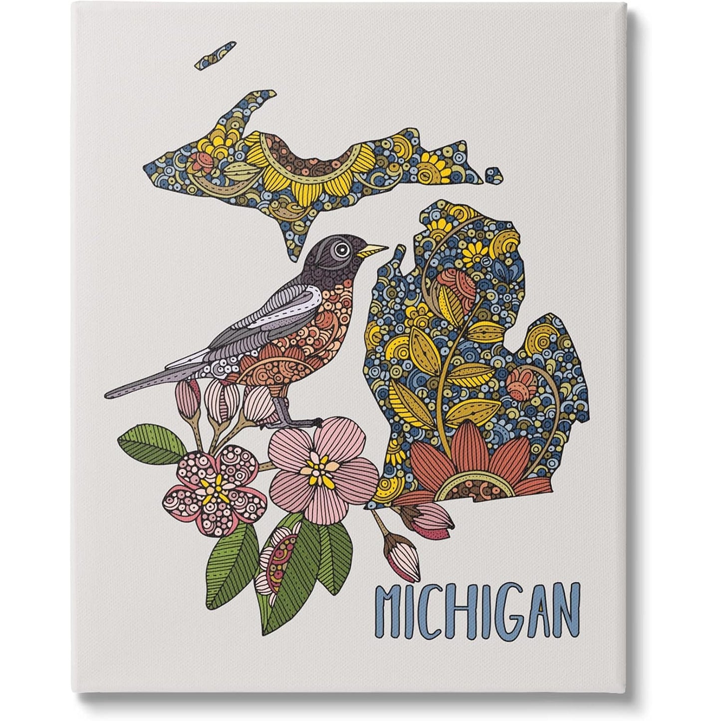 16x20 Michigan Stretched Canvas on Wood Wall Art, Robin & Florals by V. Harper