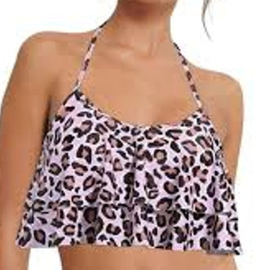 Aqua Eve Pink Leopard Flounce Bikini Top Ruffle Swim 85/15 Women Medium