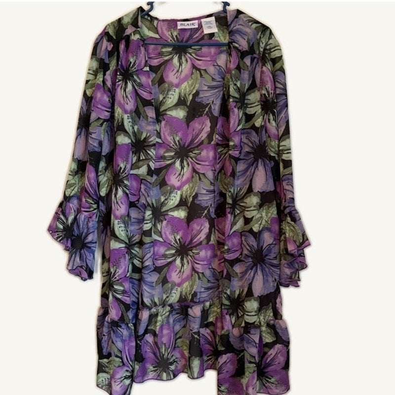 Blair Women's 3-Piece Purple Tank Top & Floral Cardigan Set L Necklace