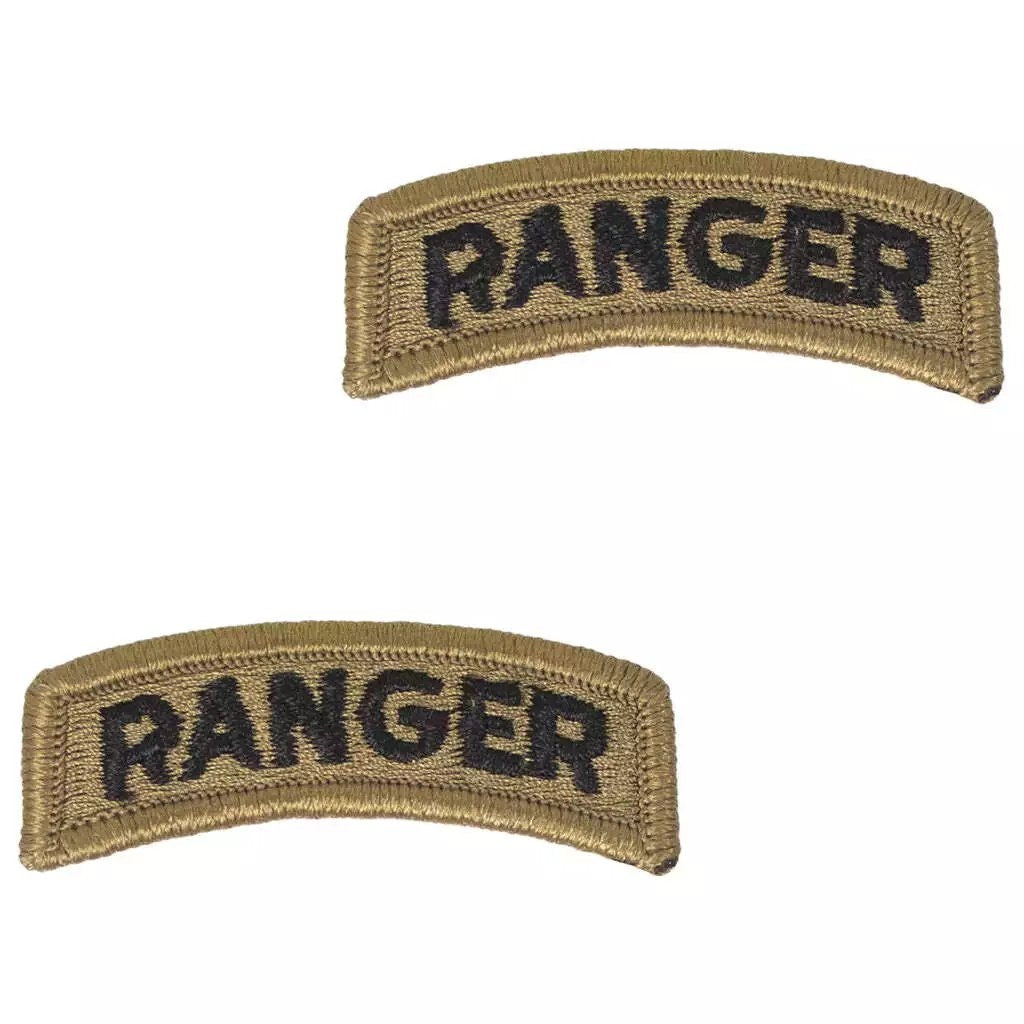US Army Ranger Tab Pair OCP Embroidered 3‑1/4 × 1‑1/8 Hook‑Back