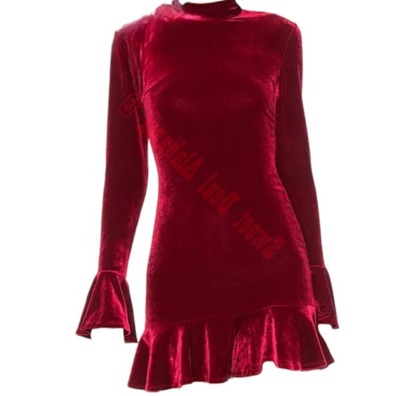 R.Vivimos  Women's Long Sleeve Velvet Ruffled Bodycon Mini Dress, Wine Red, M