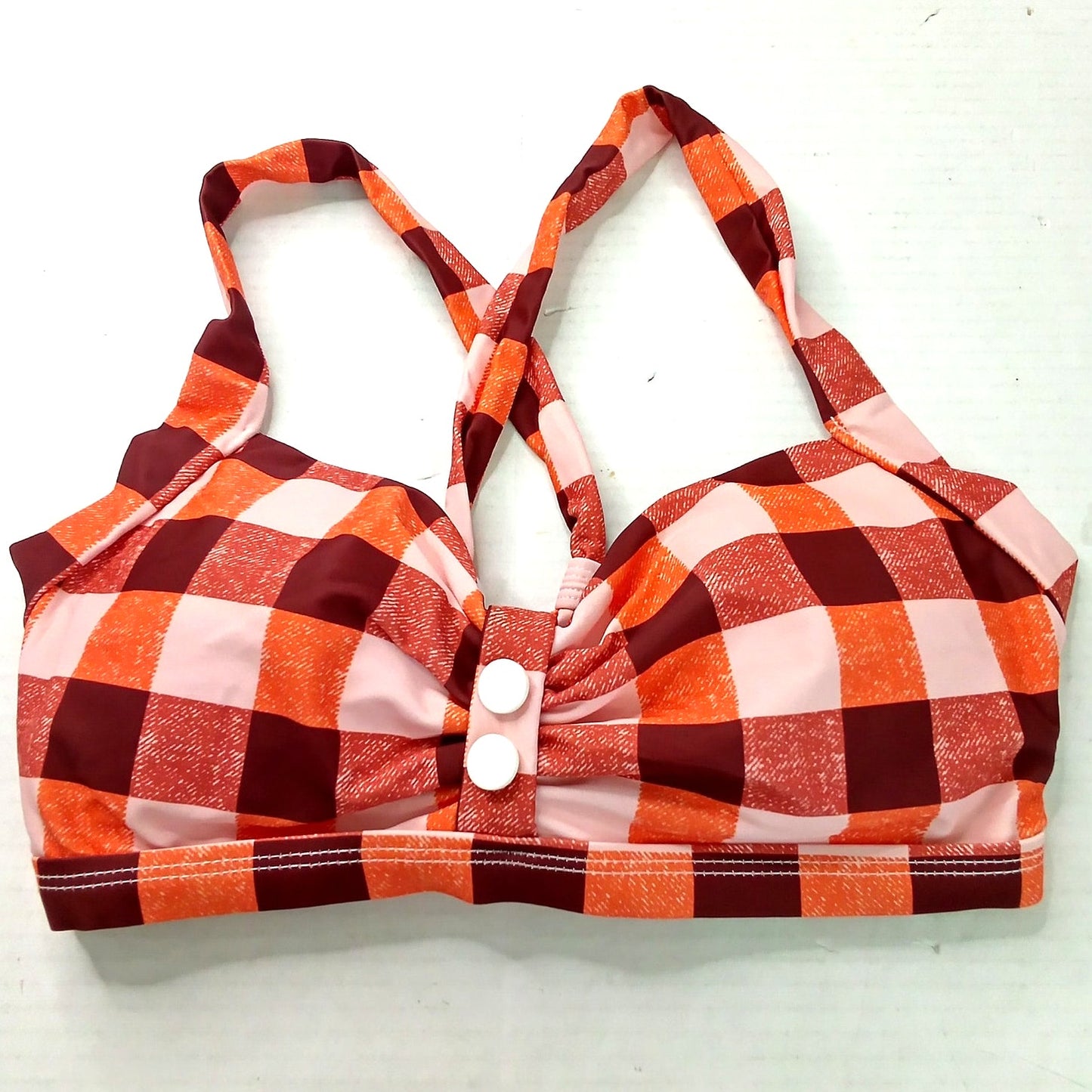 Futurino Vintage 50s Plaid Halter Bikini Top Retro Swim Ruffle Buttons Small