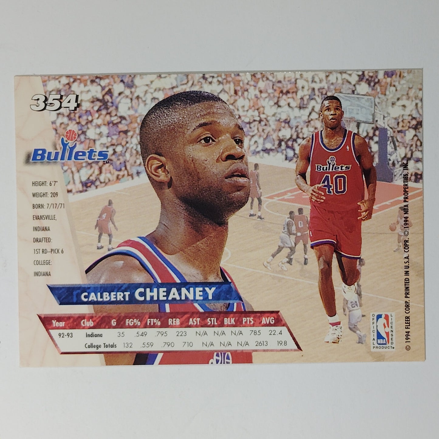 1993-94 Ultra Calbert Cheaney #354 Washington Bullets Guard NBA Rookie Card
