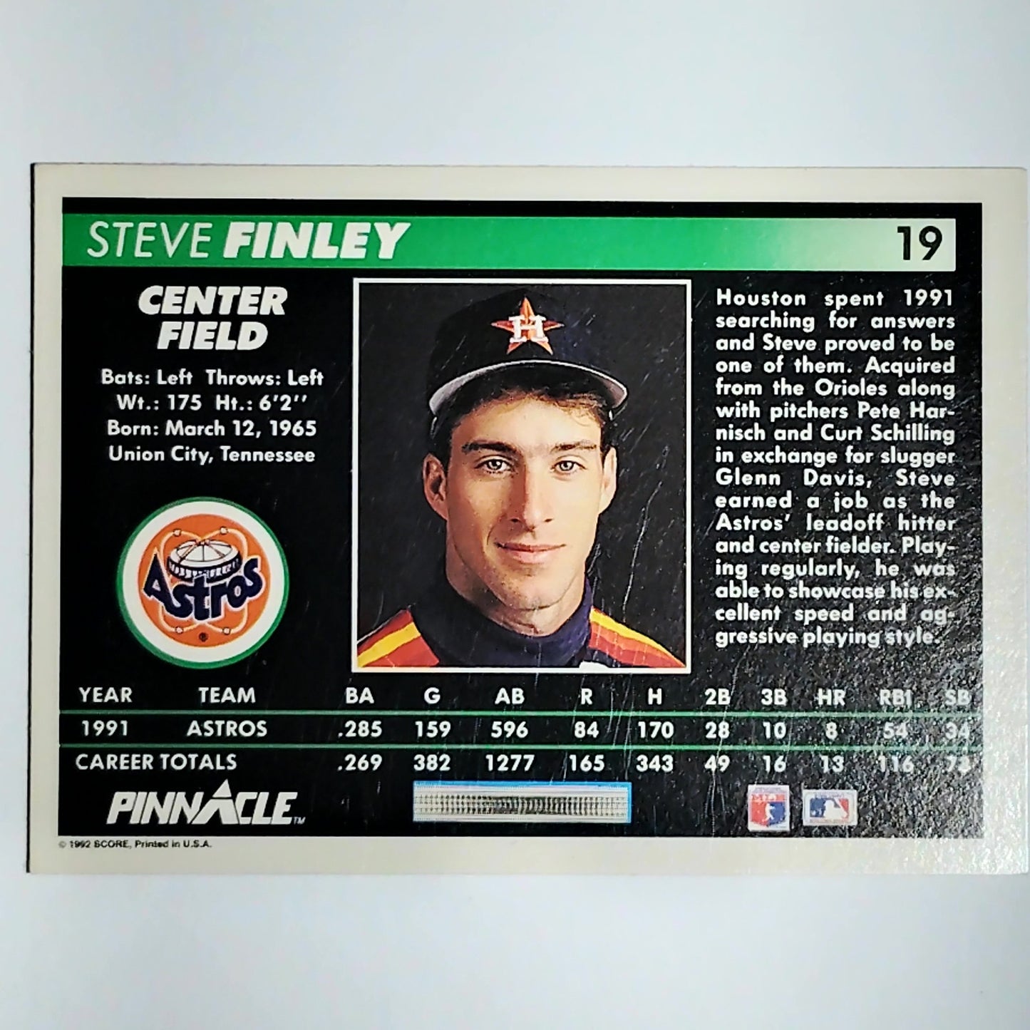 1992 Pinnacle Steve Finley Card #19 Houston Astros CF VG/EX