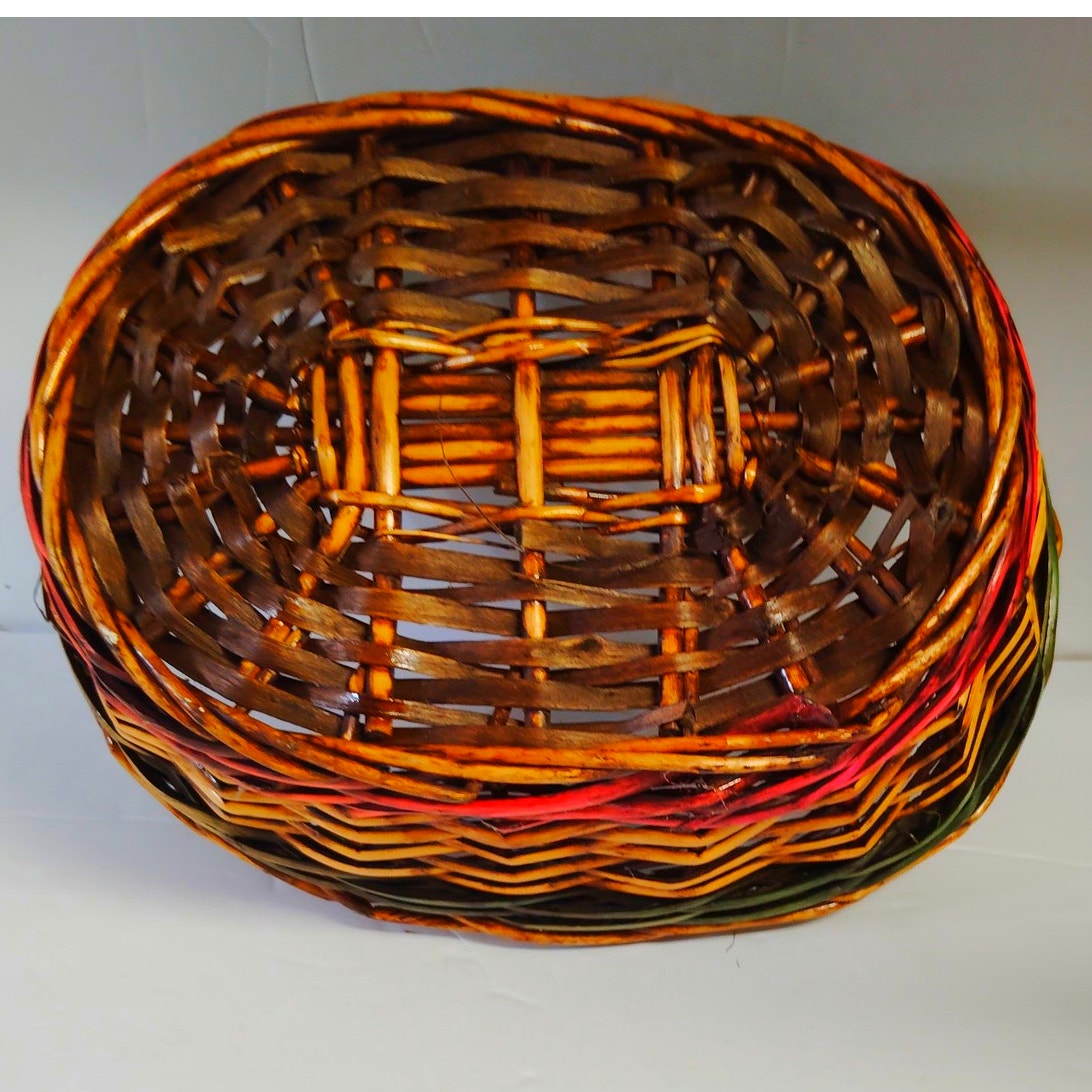 VTG 1980s Oval Wicker Hearth Basket Thick Reed 15" x 12" x 5.5" Rustic Utility