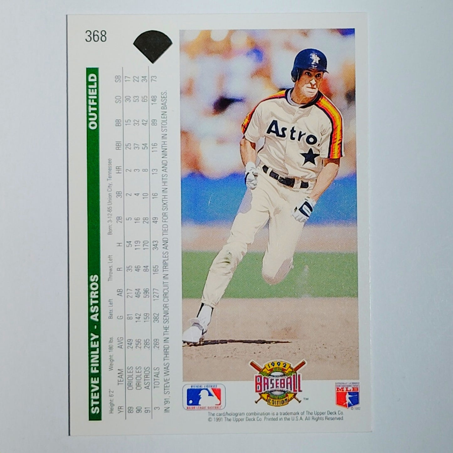 1992 Upper Deck Steve Finley #368 Houston Astros CF OF Action Shot - VG/EX