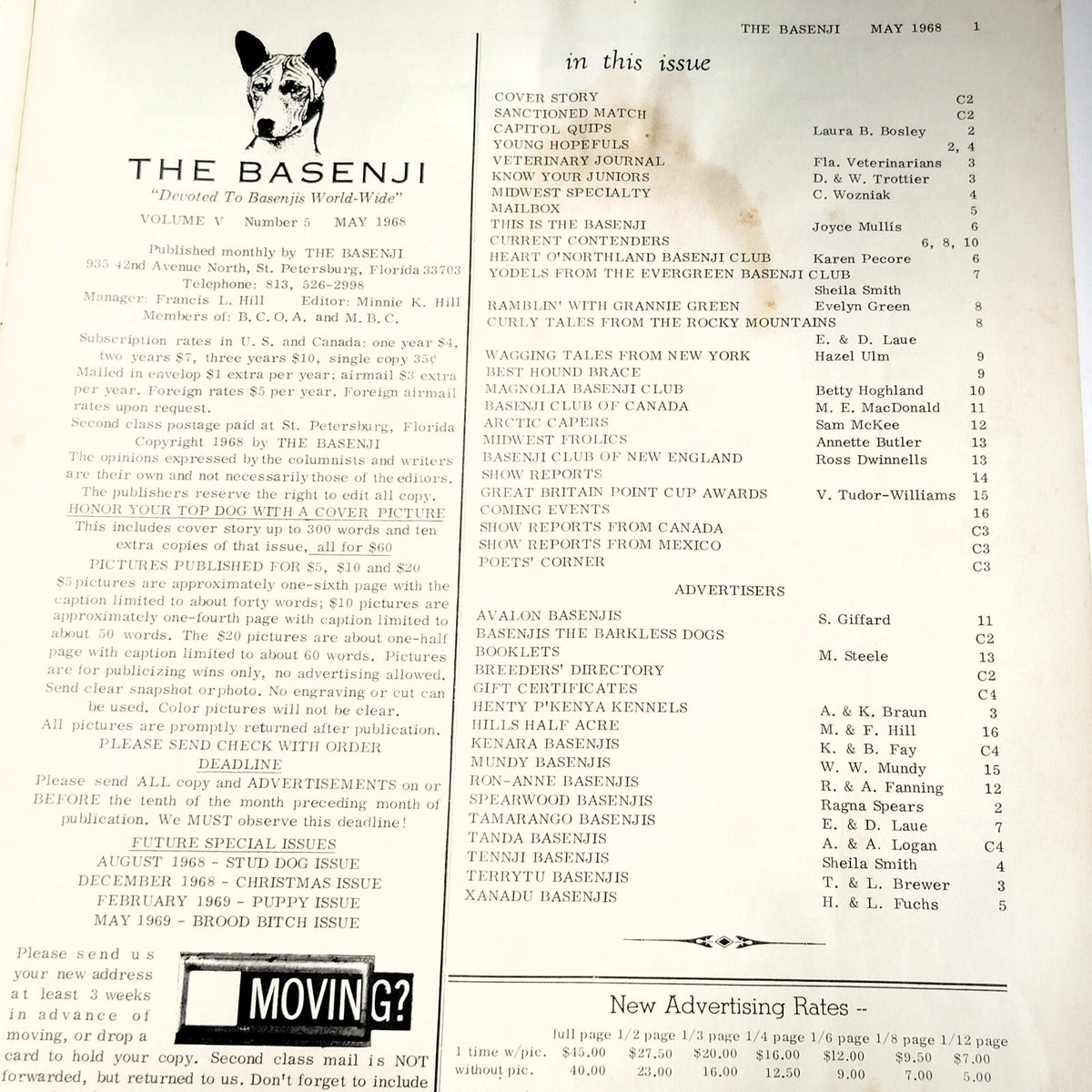 The Basenji Magazine May 1968 Vol V No 5 - Vintage Basenji Dog Issue