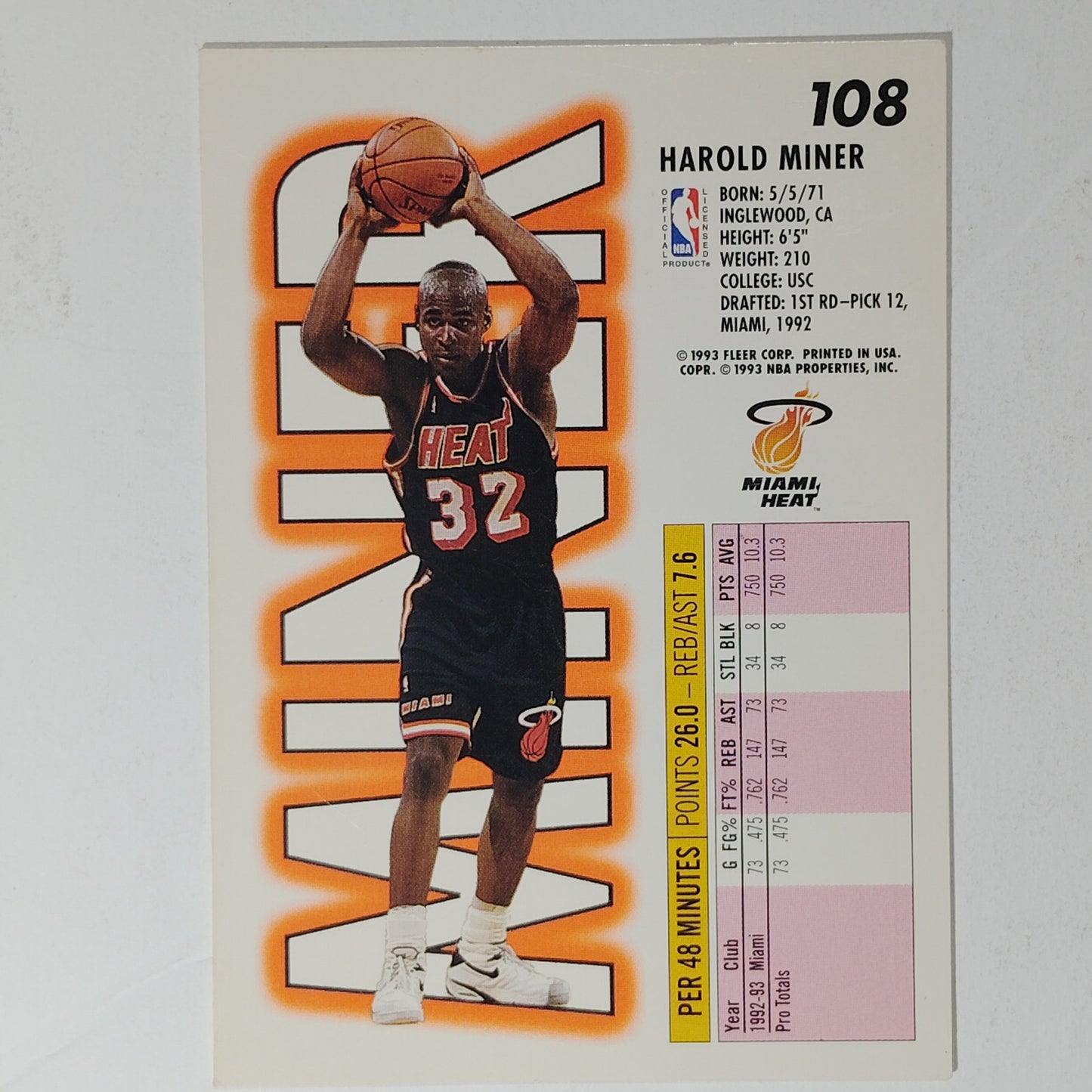 93–94 Fleer Harold Miner #108 – Miami Heat – Guard – VG/EX