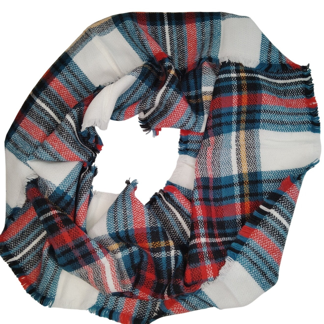 Lucky Leaf Loop Infinity Scarf Lightweight 100% Acrylic Red/Green Plaid Tasseled