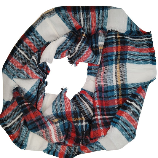Lucky Leaf Loop Infinity Scarf Lightweight 100% Acrylic Red/Green Plaid Tasseled