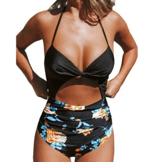 Cupshe Floral Cutout One Piece Swimsuit Halter Tie Back Women’s Medium