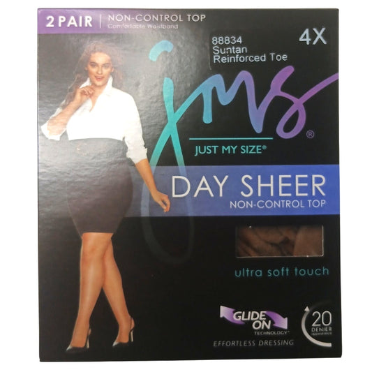 Just My Size Day Sheer Non-Control Top Pantyhose 4X Suntan 2 Pair Pack