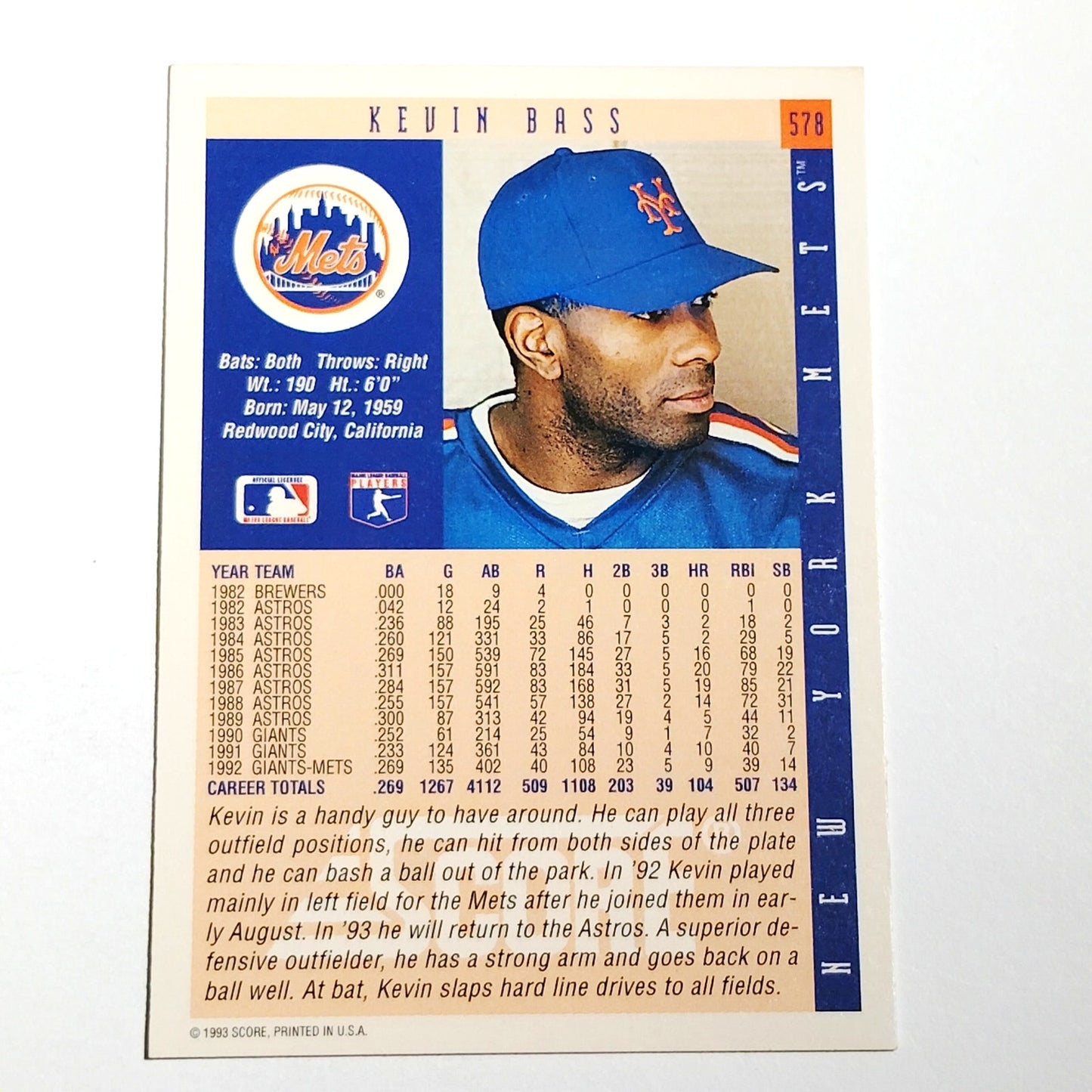1993 Score Kevin Bass #578 New York Mets OF MLB Baseball Card NM