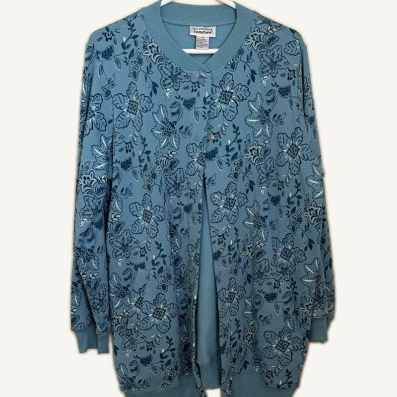 All American Comfort Teal Paisley Button-Up Jacket M - Fleece Lined