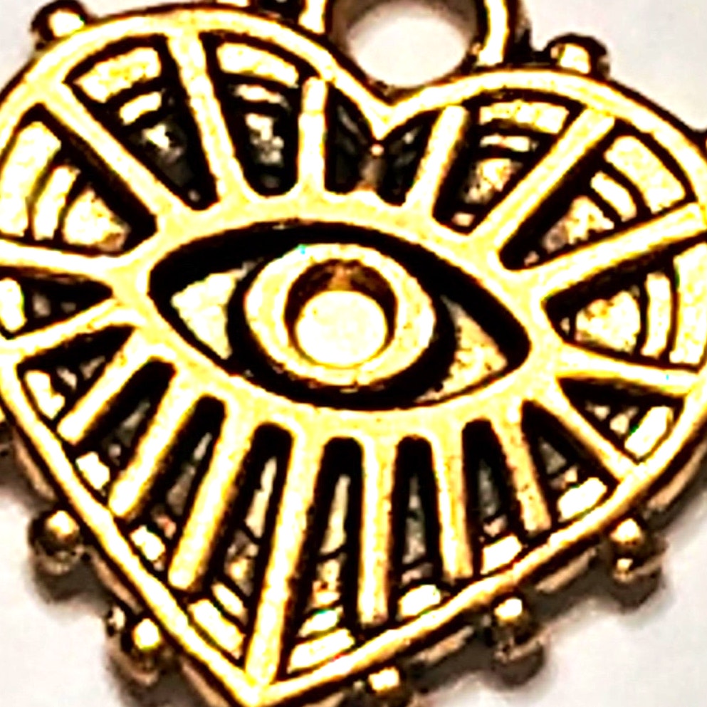 Antique Gold Heart Charm Radiant Evil Eye Design 5/8" Pendant Protection Symbol