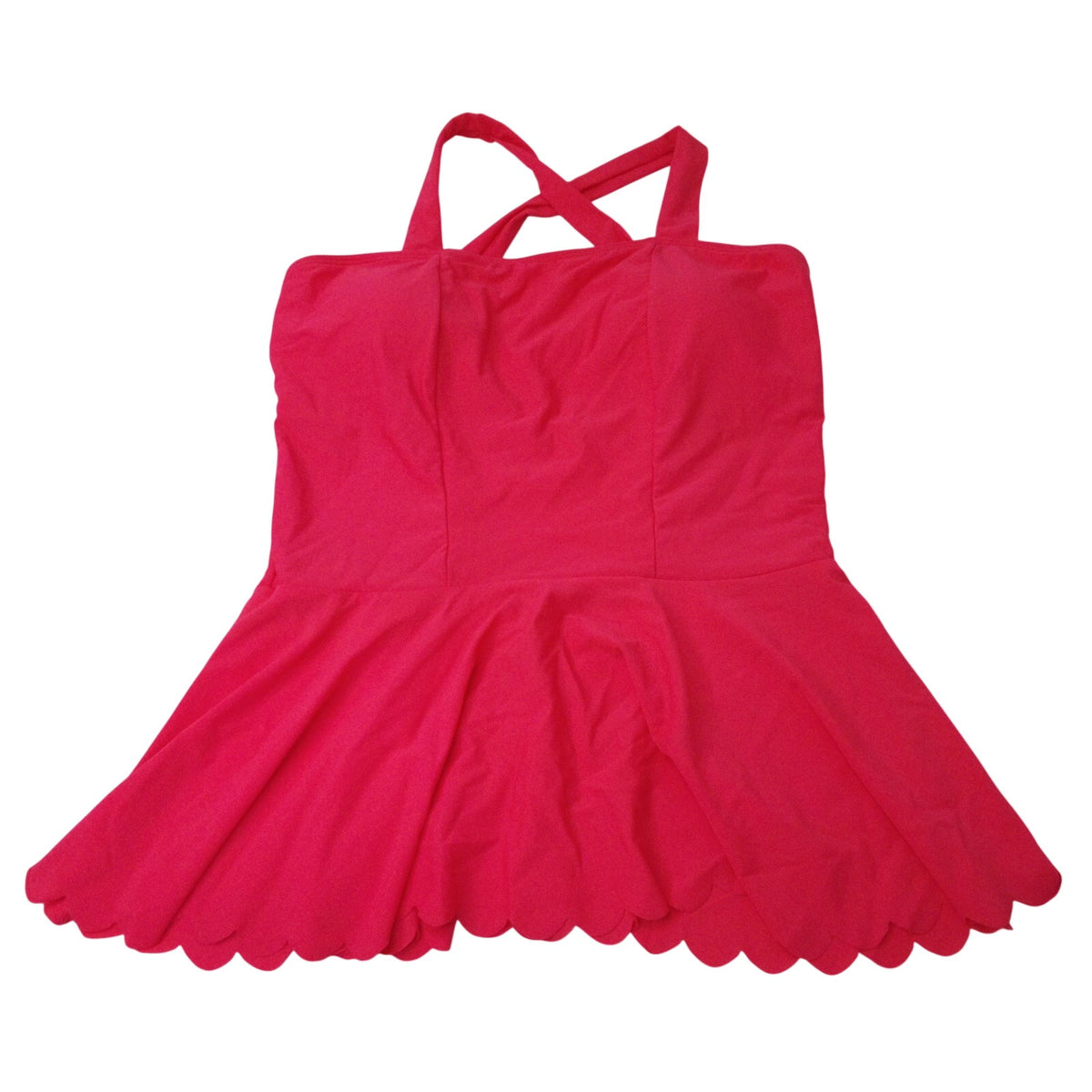 Hot Pink Halter Tankini Swim Dress Size L Scalloped Hem Sweetheart Neckline