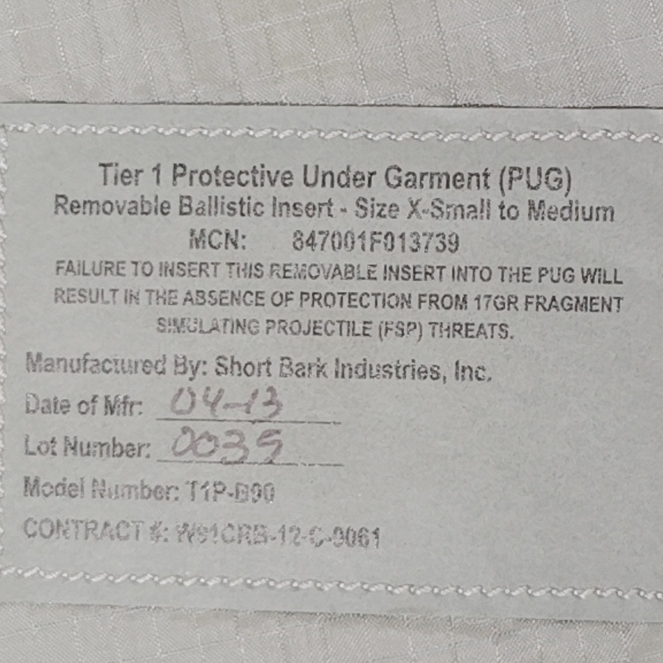 Tier 1 Protective Under Garment (PUG) Ballistic Insert Set – Size XS/S, Model T1P-B90