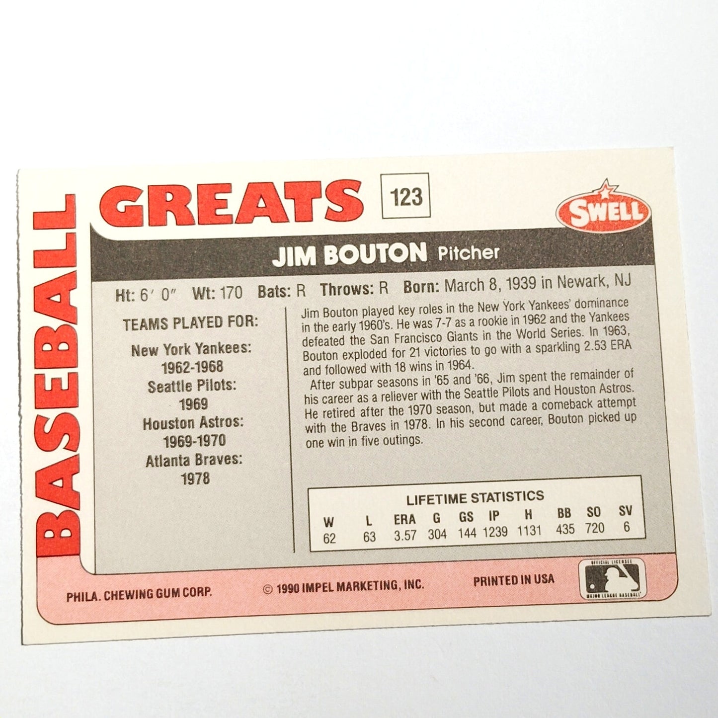 1990 Swell Baseball Greats Jim Bouton #123 New York Yankees Pitcher NM