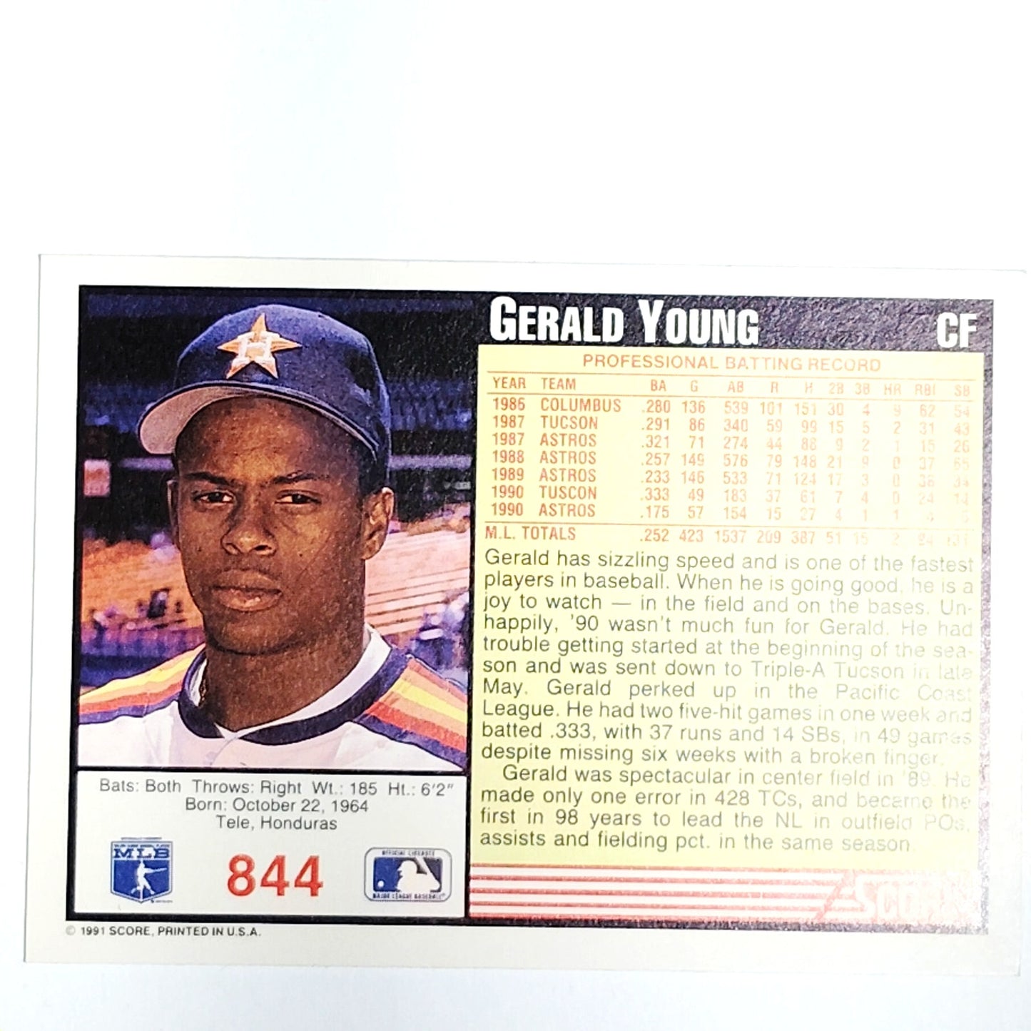 1991 Score Gerald Young Card #844 Houston Astros CF VG/EX