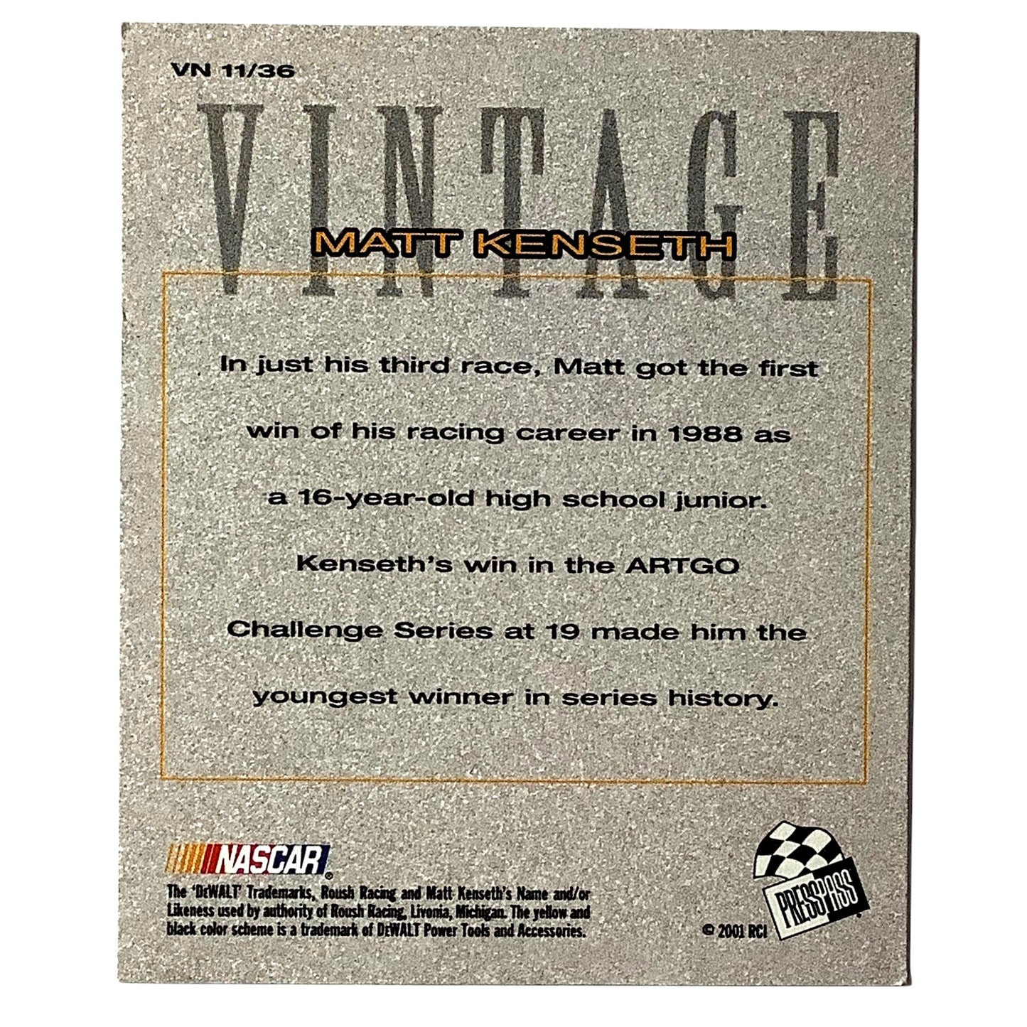 Vintage Matt Kenseth, Dewalt Tools, 2002 Press Pass Collectors Card