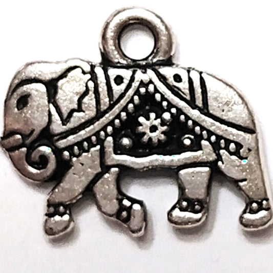 Elephant Charm Patinated Silver‑Tone Alloy Caparisoned Design 1/2" Pendant