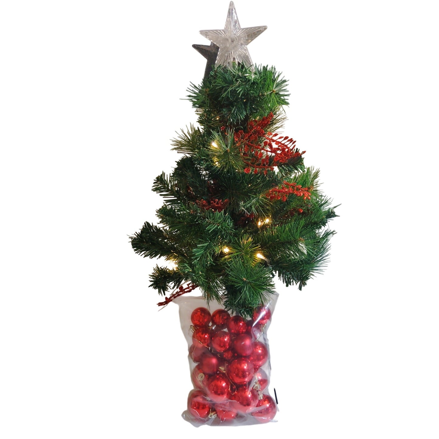 27" USB‑Powered Christmas Tree – Clear Lights – 25 Red Balls, 3" Star – 6" Stand