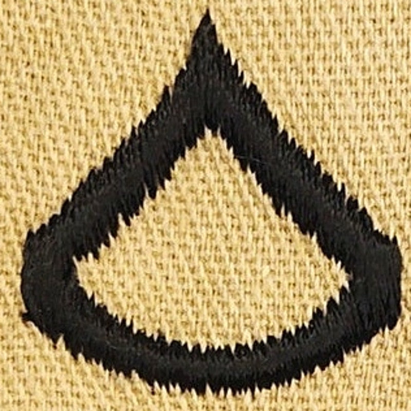US Army PFC E‑3 Rank Patch Pair Desert Tan w/ Black Embroidery 4‑1/4" × 2‑1/4"