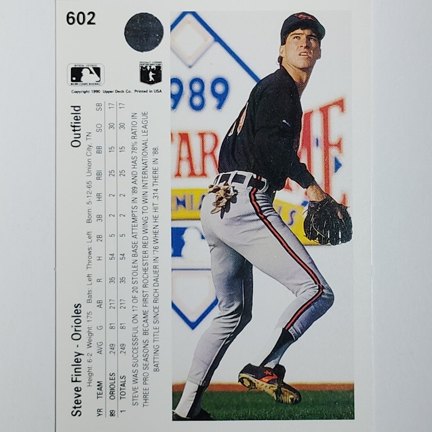 1990 Upper Deck Steve Finley #602 Baltimore Orioles Outfielder Action Shot VG/EX