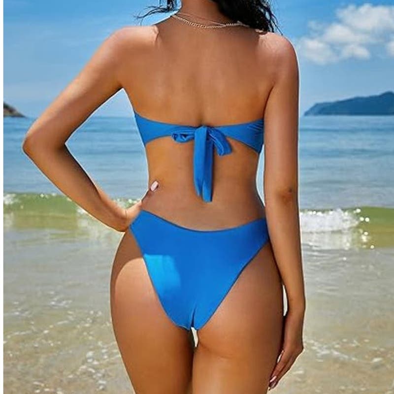 ZAFUL Bandeau Bikini O Ring Strapless Tie Back High Cut Two Piece, Blue, S (4)