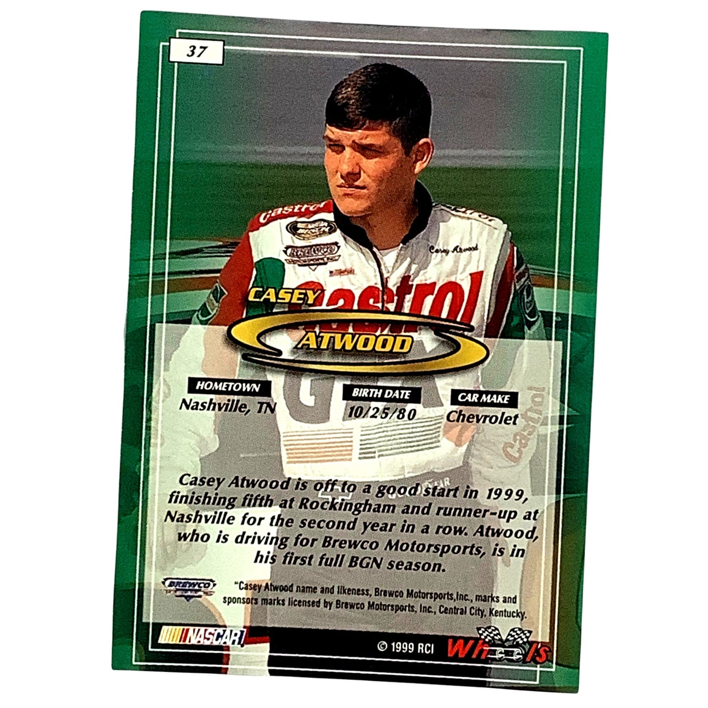 Casey Atwood, Sponsor: Castrol GTX, Card 37 1999 Wheels NASCAR Winston Cup, NM+
