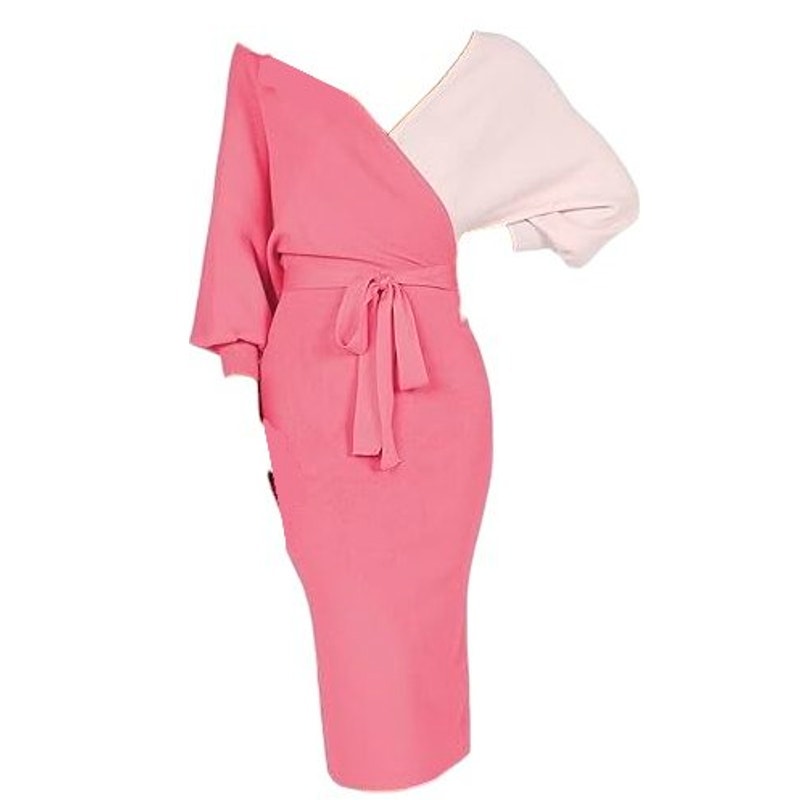 Heenkoln Wrap, Contrast Color Long Batwing Sleeve Midi Dress w/ Belt, L (12-14)