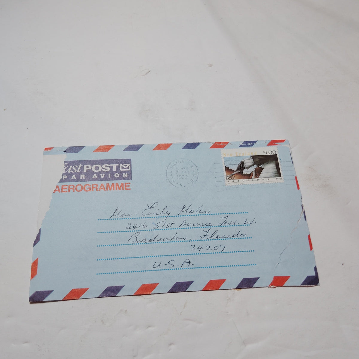 1992 New Zealand Aerogramme $1.00 Barcelona Olympics Stamp Cover Letter