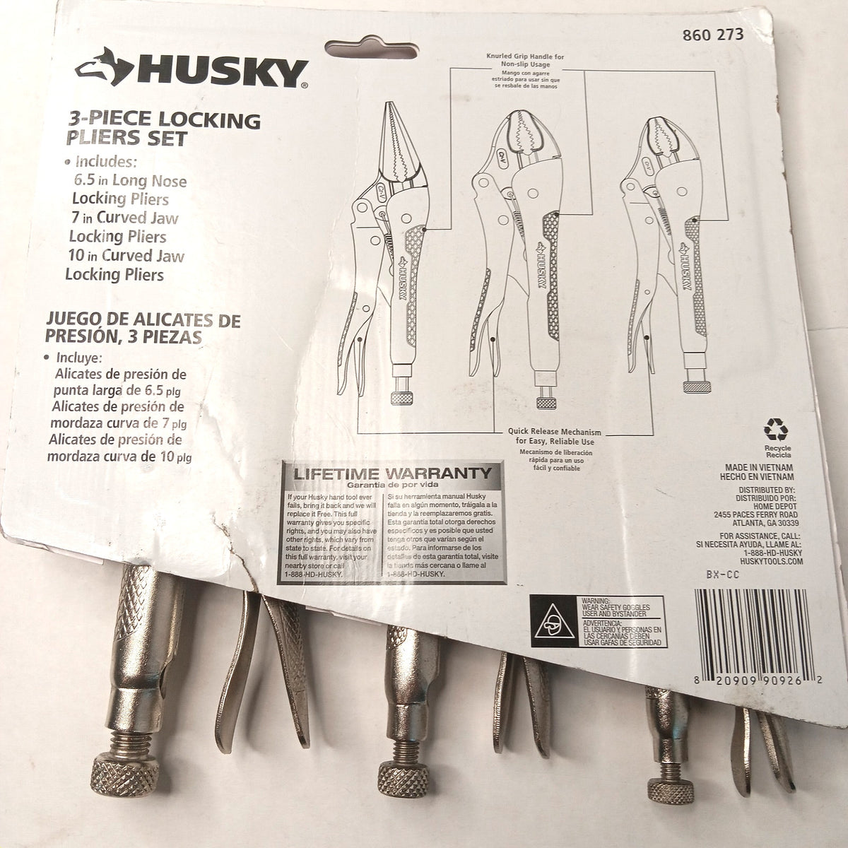 Husky 3-Piece Locking Pliers Set 6.5" Long Nose 7" & 10" Curved Jaw CR-V