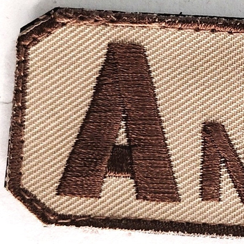 A- NEG Blood Type Patch Novelty Embroidered Brown on Tan 2‑1/2 × 1‑1/4 Hook Back