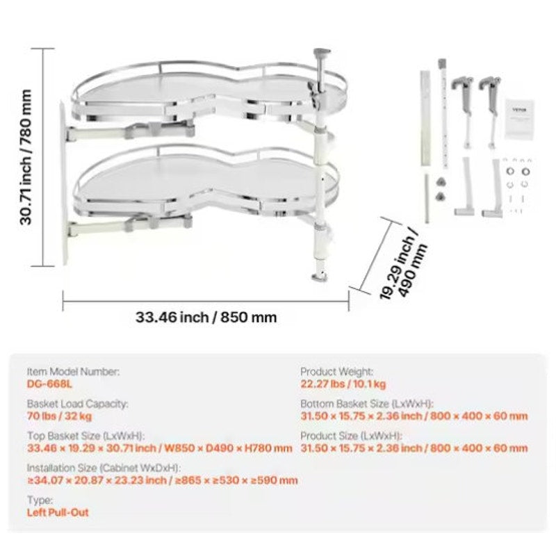 Swing Left Blind Corner Storage Pull Out 36" 2-Tier Soft Close Cloud Tray