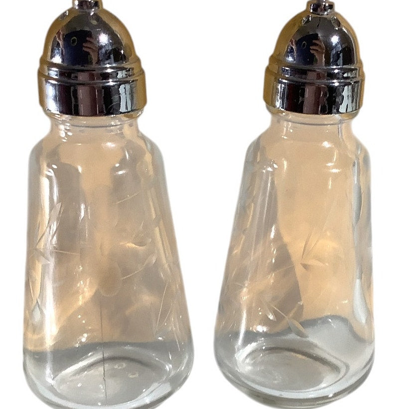 Vintage Crystal Salt and Pepper Shakers, Etched Floral and Vine Design