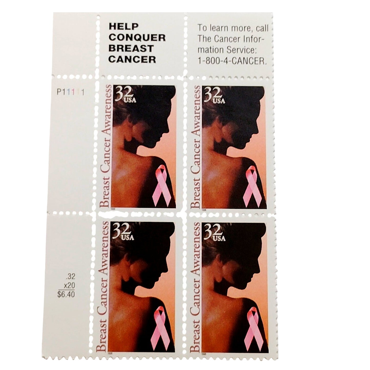 Plate Block of 4 – 1996 USA 32¢ Breast Cancer Awareness MNH Scott 3081 – Ribbon