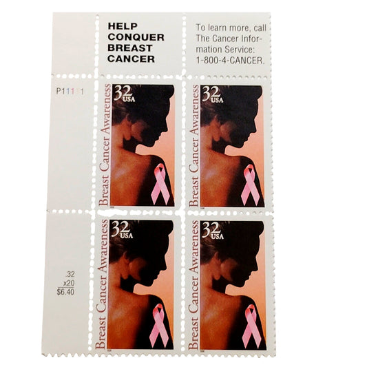 Plate Block of 4 – 1996 USA 32¢ Breast Cancer Awareness MNH Scott 3081 – Ribbon