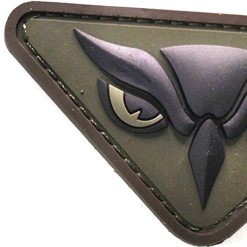 MSM Owl Head PVC Morale Patch Novelty Black on Green 3" × 1‑3/4" Hook Back