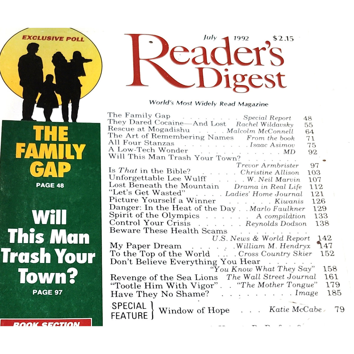 Reader's Digest July 1992 The Family Gap Window of Hope Vintage Magazine